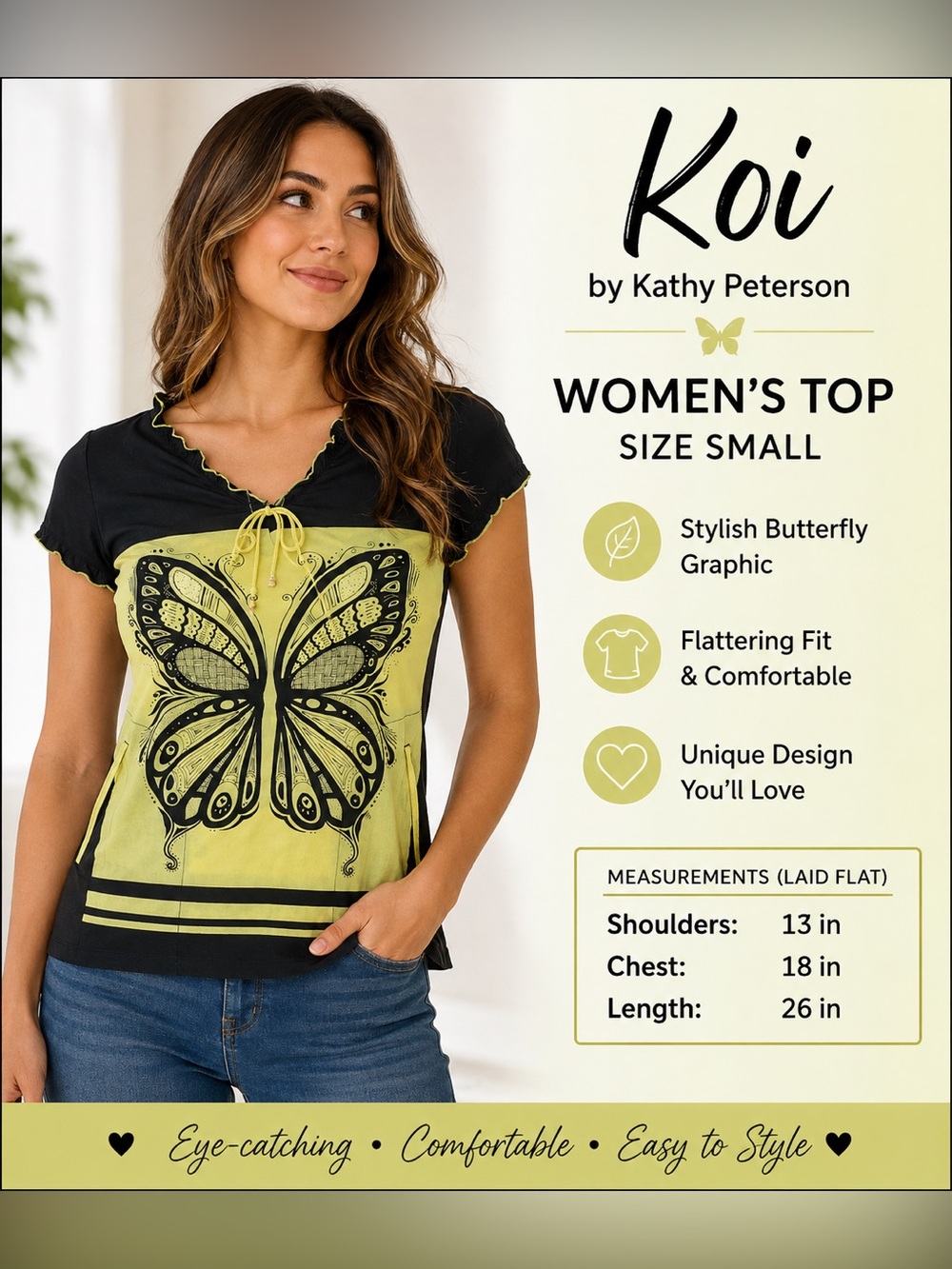Koi by Kathy Peterson Butterfly Print Top Women’s Small Black Yellow Boho